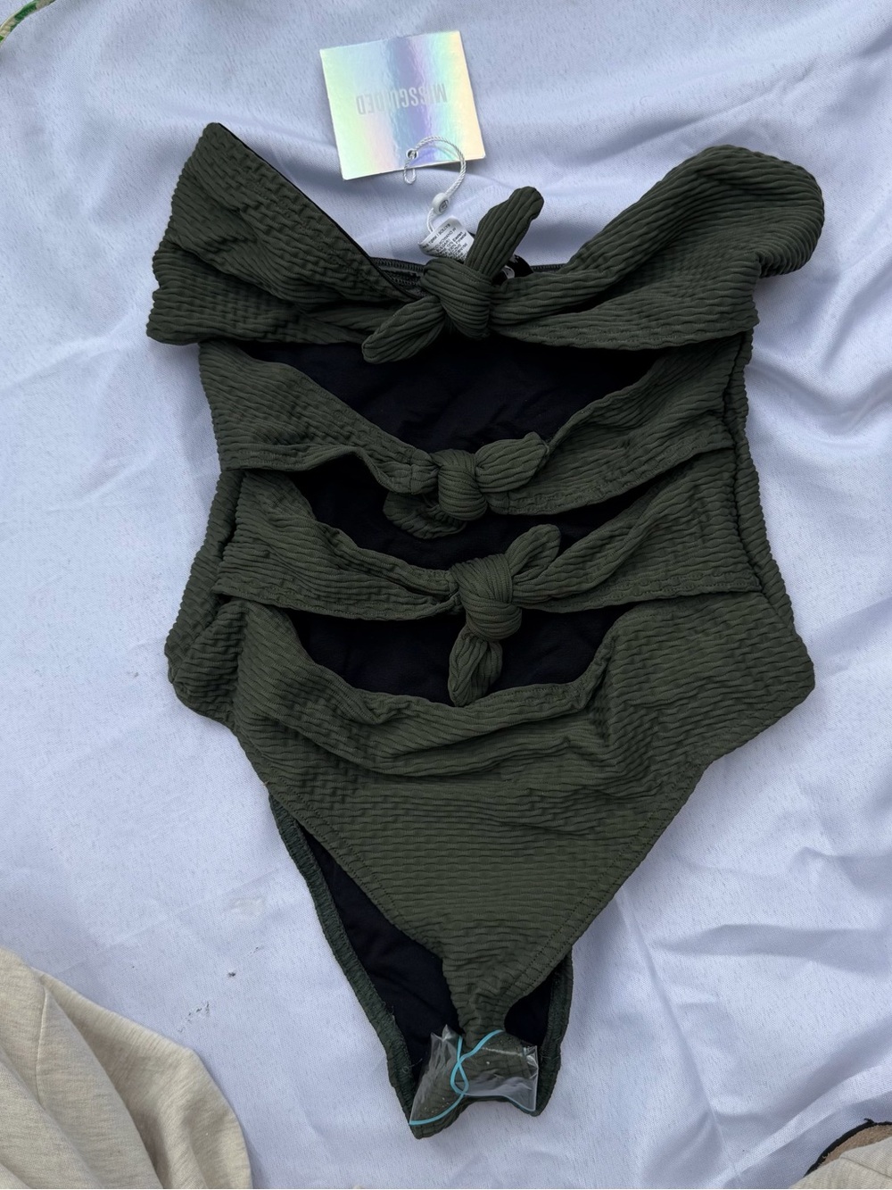 NWT Missguided Olive Green Textured One-Piece Swimsuit with Knotted Straps